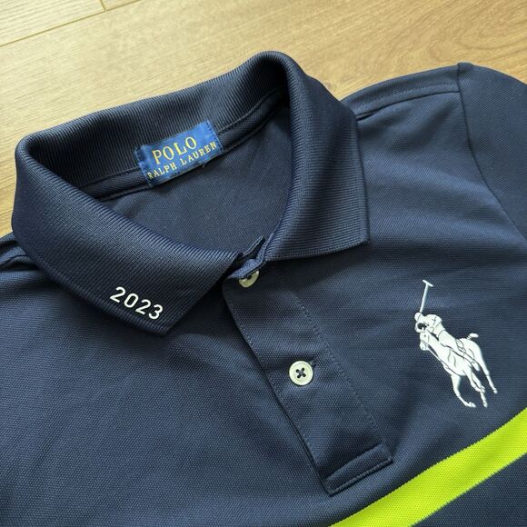 Polo Ralph Lauren Youth Small US Open 2023 Striped Polo Shirt Navy Green Neon - Picture 4 of 9